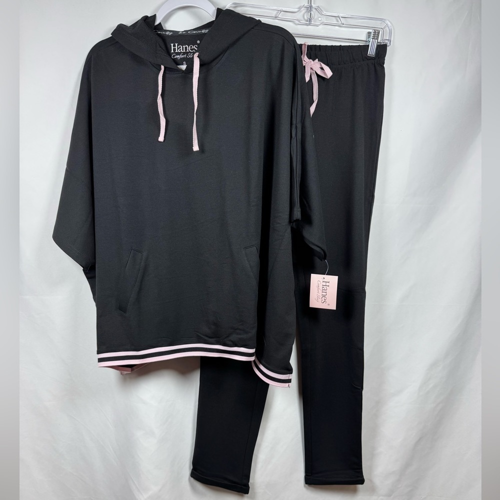 Hanes Marshmallow Knit Around The Town Lounge Set Black W/Pink Trim S